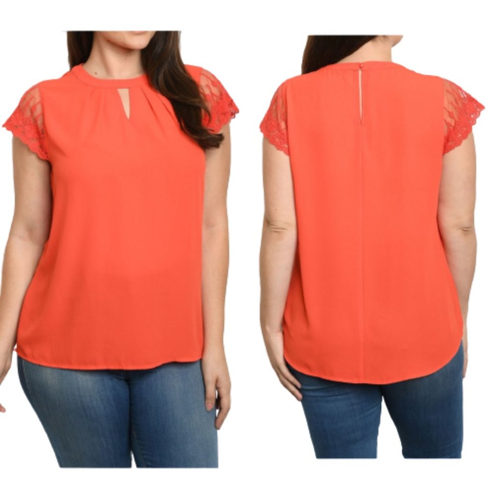 Angela Plus Reddish-Orange Blouse Lace Sleeves Laser-cut Neck NWT